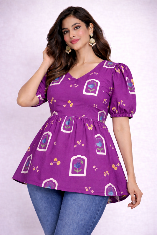 Magenta Bloom - Cotton Peplum Top