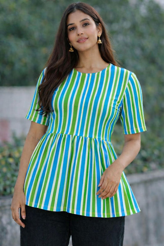 Aqua Green Stripes - Peplum Top