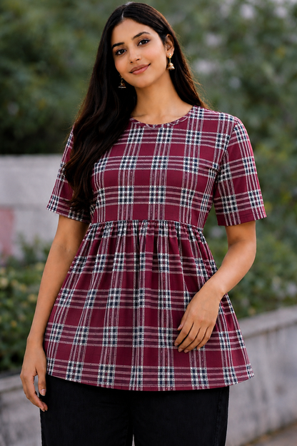 Maroon Checks - Peplum Top