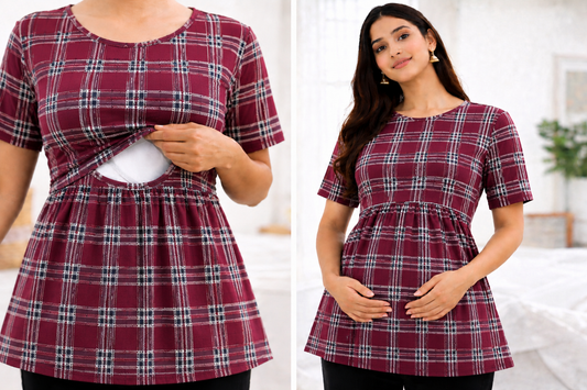 Maroon Checks - Feeding Peplum Top