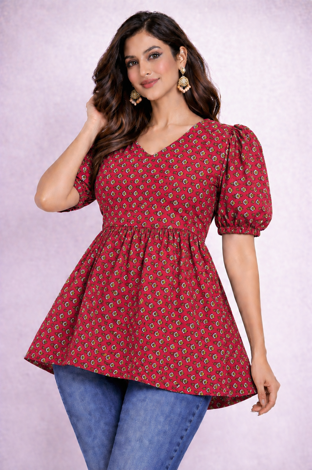 Ruby Blossom - Cotton Peplum Top