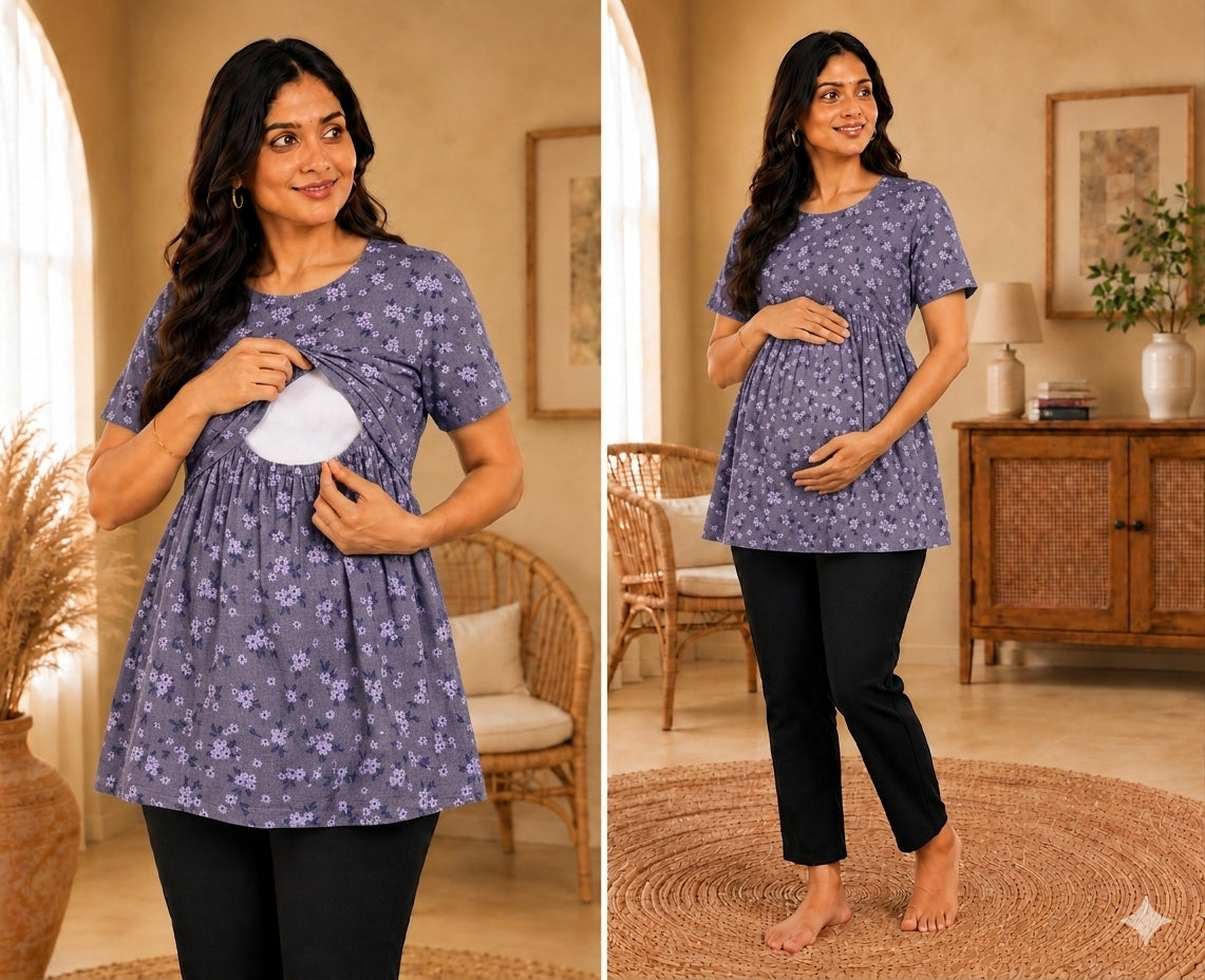 Grey Flowers - Feeding Peplum Top