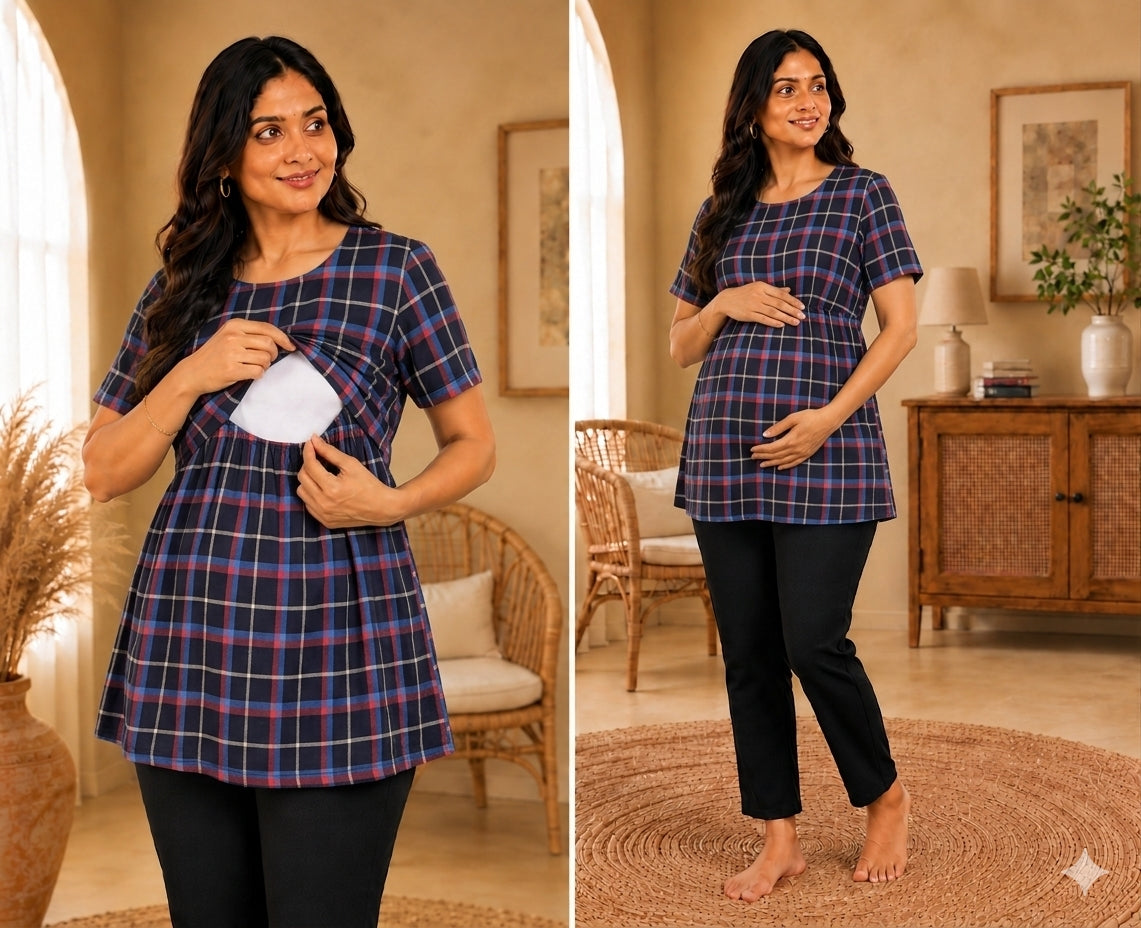Navy Checks - Feeding Peplum Top